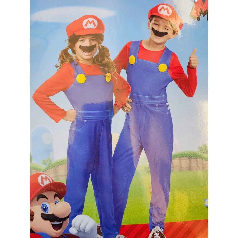 Kids Super Mario Brothers Jumpsuit Costume Hat S 4-6 Mustache Disguise Dress Up